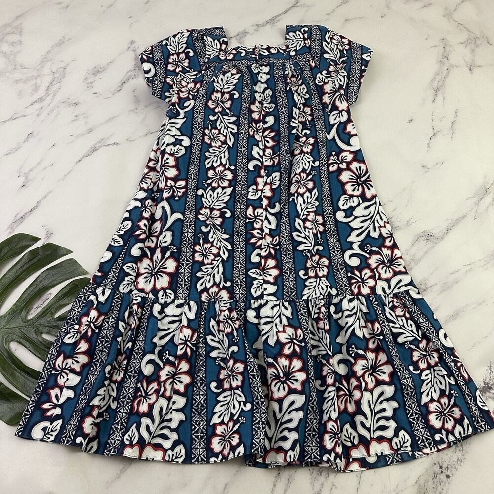 Royal Creations Womens Vintage 80s Muumuu Shift Dress Size M Blue Red Hawaiian - Picture 7 of 10